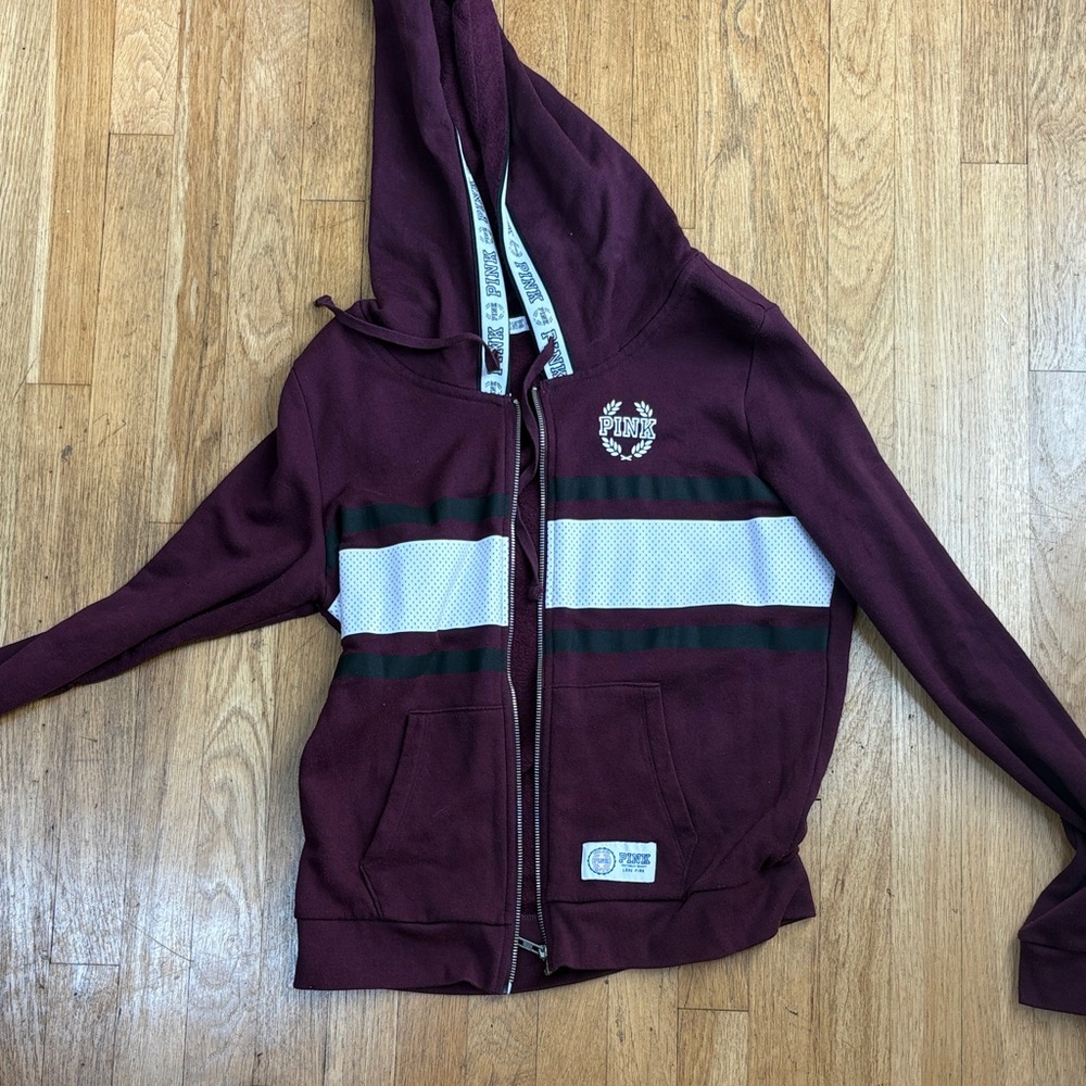 PINK Victoria's Secret Burgundy Zip-Up Hoodie with White Mesh Stripes